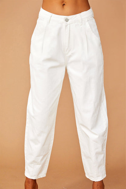 White Solid High Waist Casual Pants