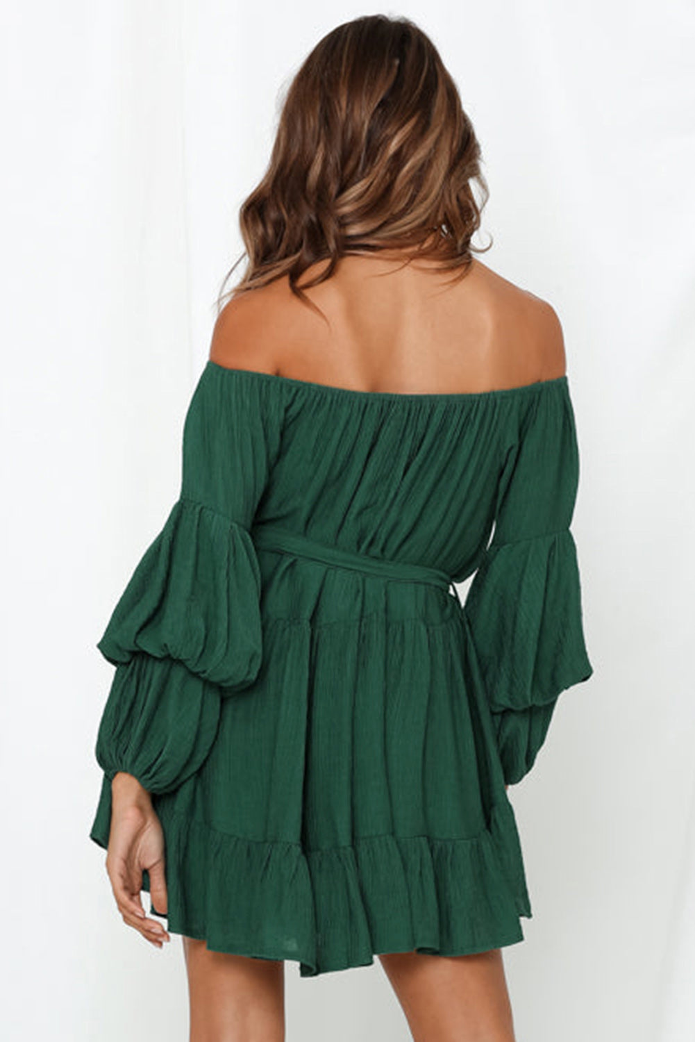 Green Off-Shoulder Tiered Bubble Sleeve Ruffled Dress
