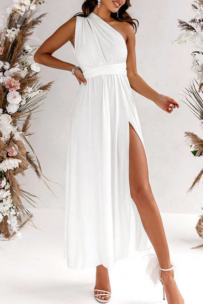 White Sleeveless Ruched High Split Cutout Back Maxi Dress