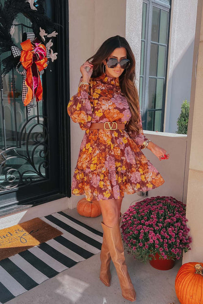 Multicolor Shirred High Neck Lace-up High Waist Floral Dress