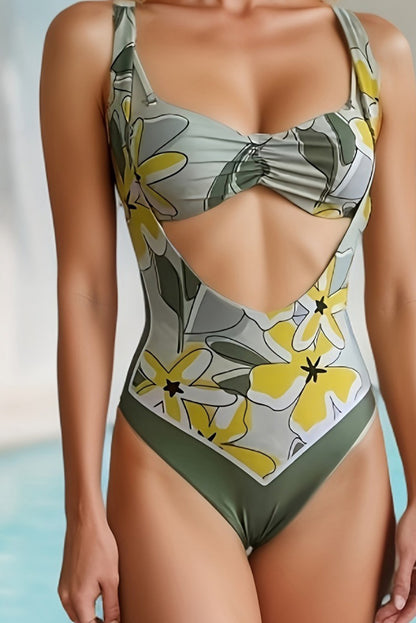 Green Mix Floral Print Cutout Strappy Open Back Bikini Set