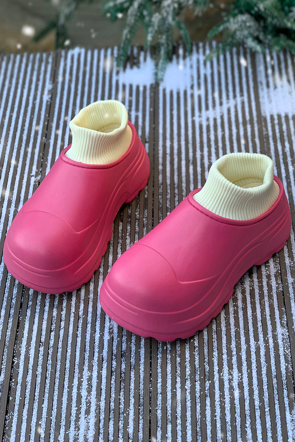 Rose Red Waterproof Thick Sole Ribbed Ankle Shoes