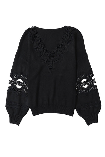 Gray Hollowed Lace Splicing V Neck Loose Sweater