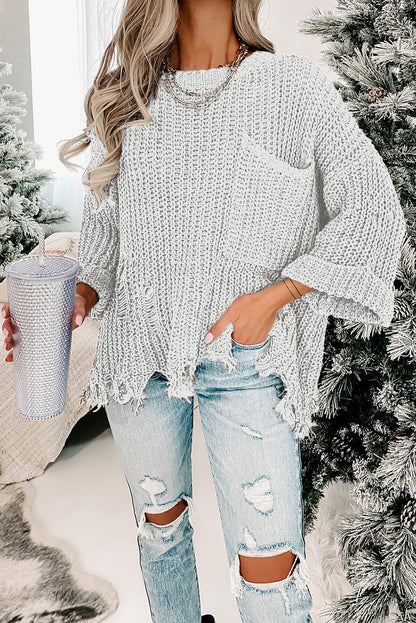White Ripped Raw Hem Chunky Pullover Sweater