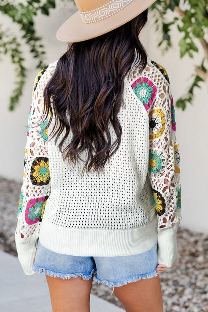 White Pointelle Floral Crochet Sleeve Sweater