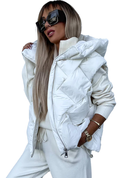 White Quilted Zipper Front Hooded Vest Coat