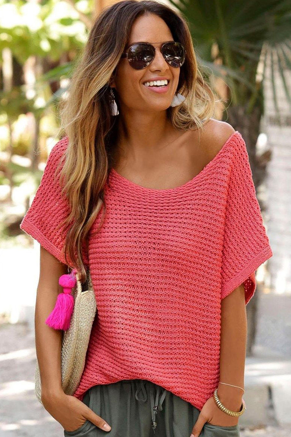 Red Clay Solid Loose Knit Short Dolman Sleeve Sweater