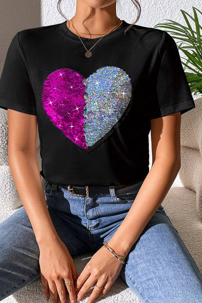 Black Valentine Two Tone Sequined Heart Shaped Graphic T Shirt