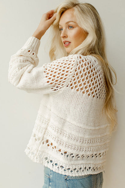 White Solid Color Pointelle Knit Puff Sleeve Sweater