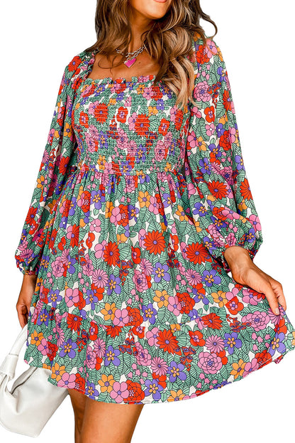 Floral Smocked Bust Square Neck Ruffled Dress