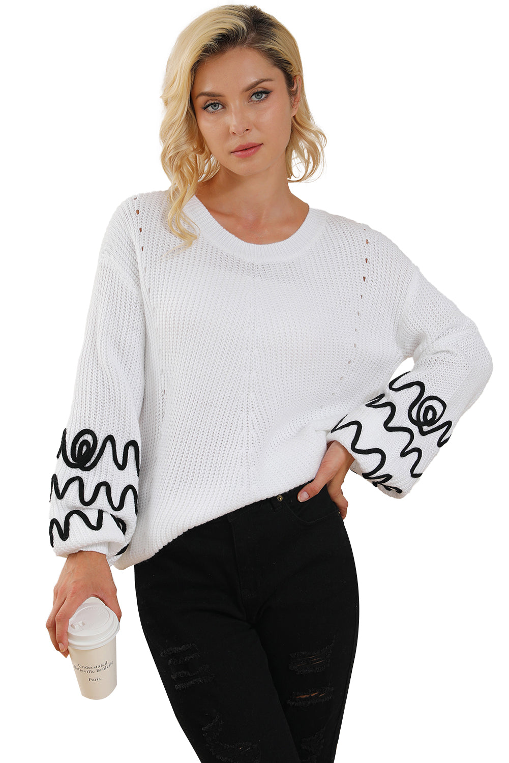White Abstract Crochet Bubble Sleeve Loose Sweater