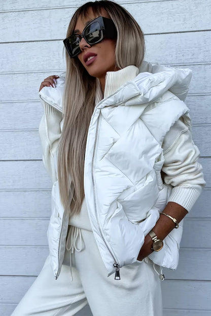 White Quilted Zipper Front Hooded Vest Coat