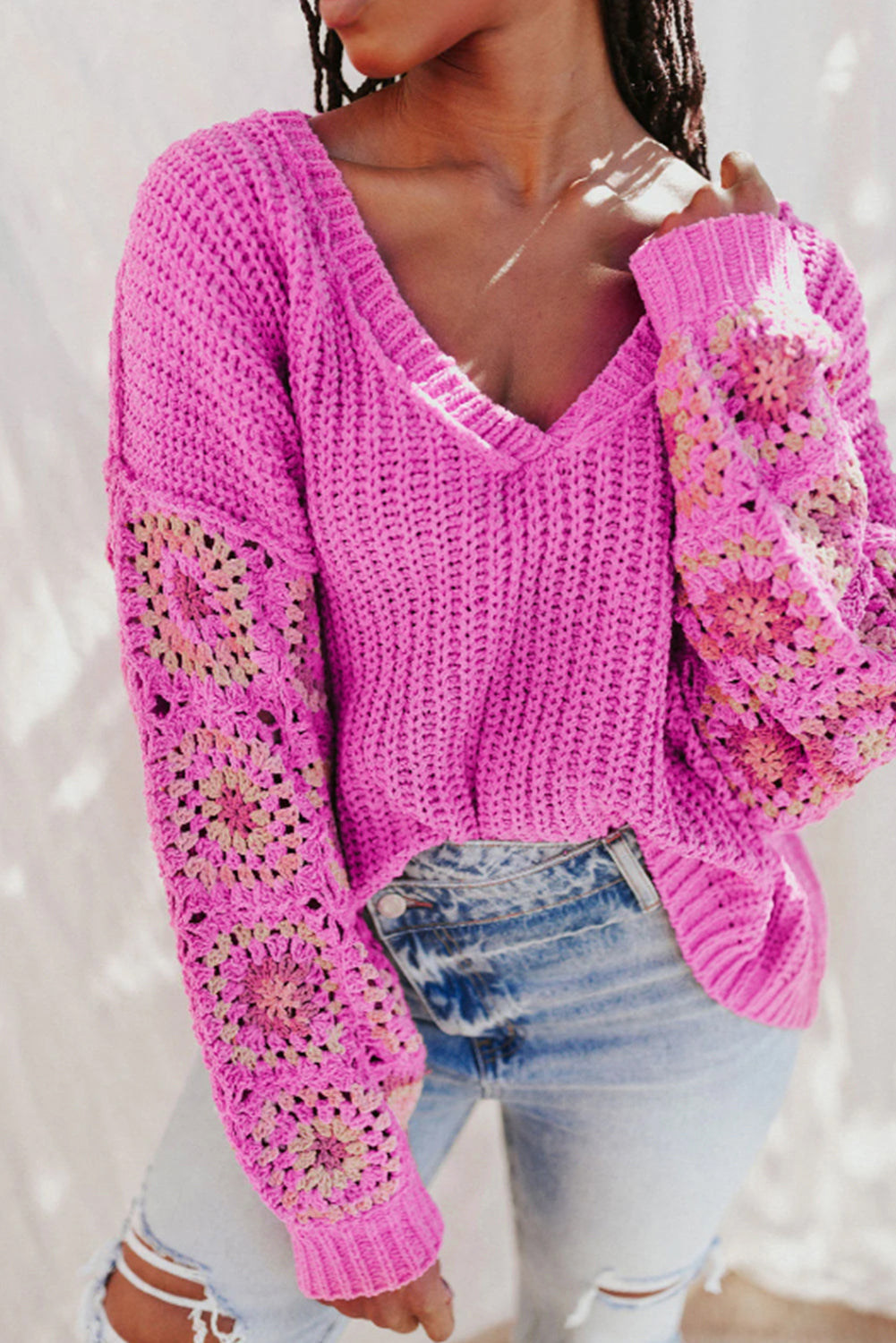 Rose Floral Crochet Cable Knit V Neck Sweater