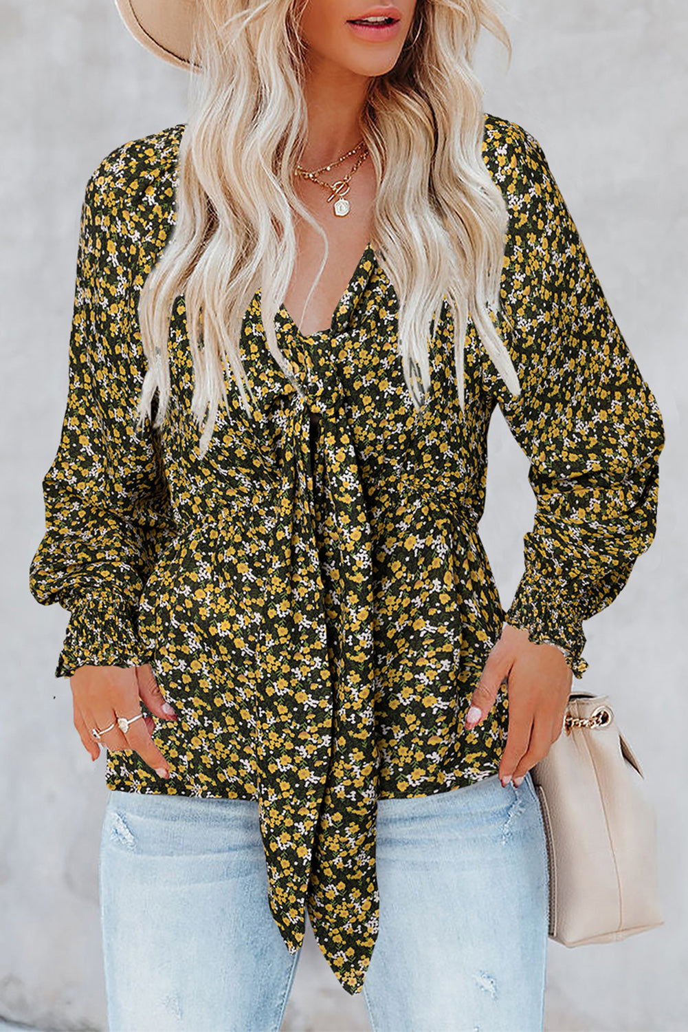 Ditsy Floral Print Front Tie Ruffled Long Sleeve Blouse