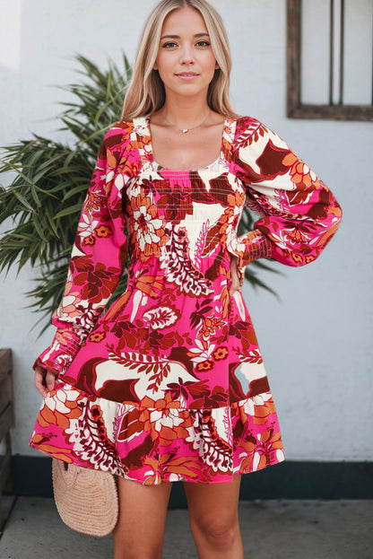 Rose Floral Print Smocked Square Neck Bubble Sleeve Dress