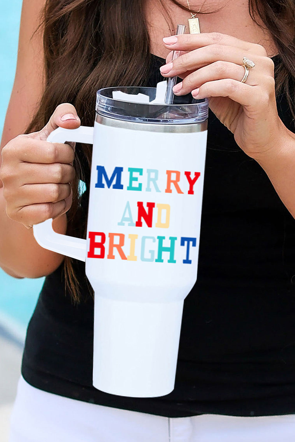 White Colorful MERRY AND BRIGHT Stainless Steel Vacuum Cup