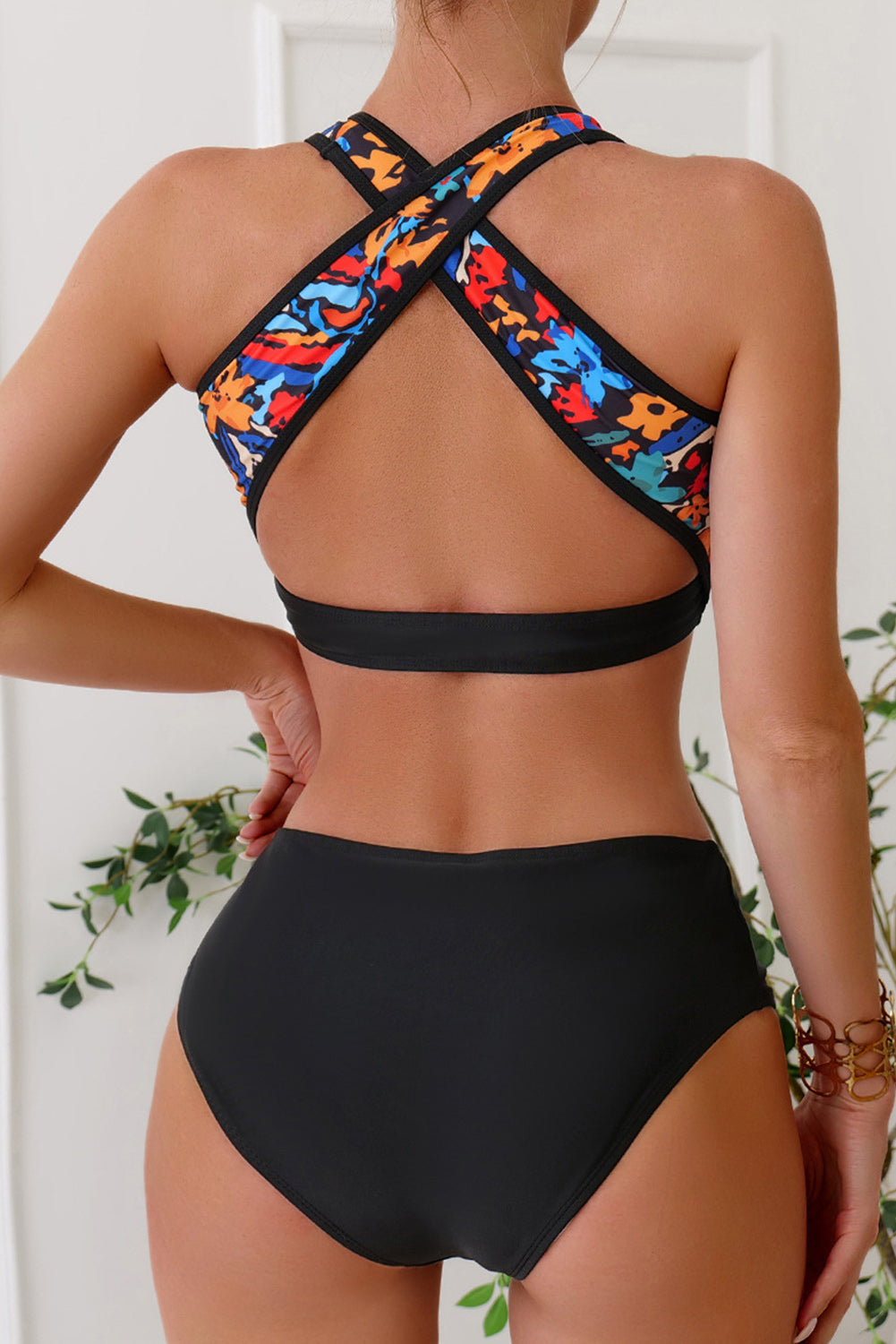 Black 3pcs Printed Crossed Top and A-line Skirt Bikini Set