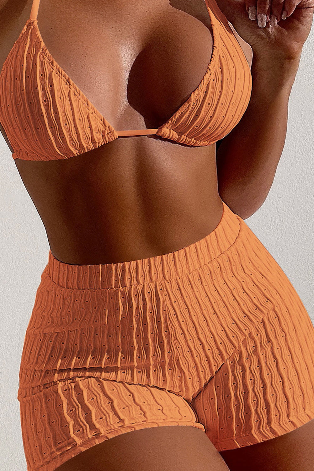 Grapefruit Orange Textured Eyelets Halter Neck Backless Bikini Set