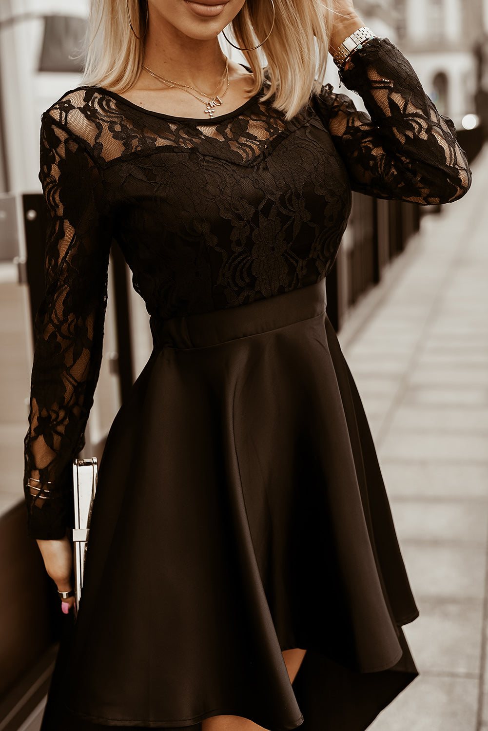 Black Long Sleeve Lace High Low Satin Prom Dress