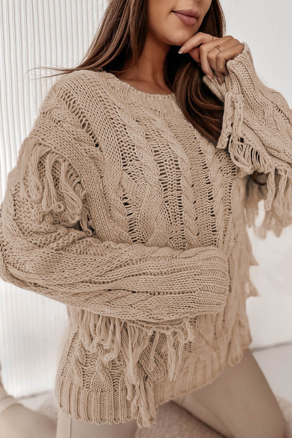 Parchment Tasseled Braided Knit Sweater