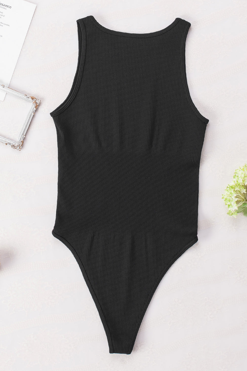 Black Solid Color Ribbed Sleeveless Sport Romper