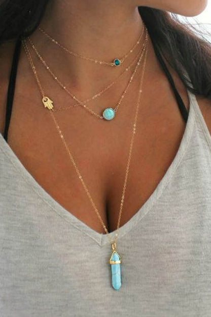 Gold Turquoise Gemstone Pendant Multi-Layered Necklace