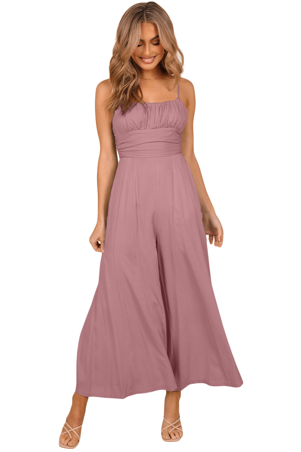 Pink Spaghetti Straps Backless Knot Wide-Leg Jumpsuit