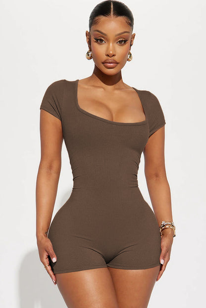 Ribbed Square Neck Short Sleeve Athleisure Romper