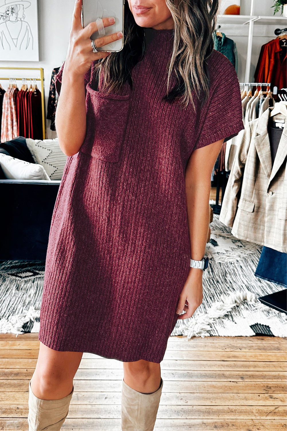 Red Dahlia Patch Pocket Ribbed Knit Short Sleeve Sweater Dress