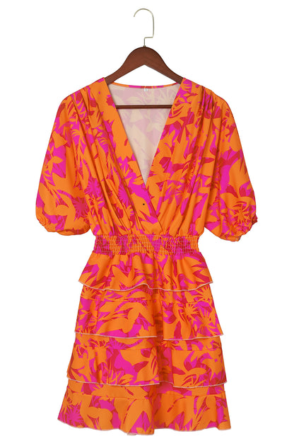 Multicolor Floral Print Ruched V Neck Batwing Sleeve Mini Dress