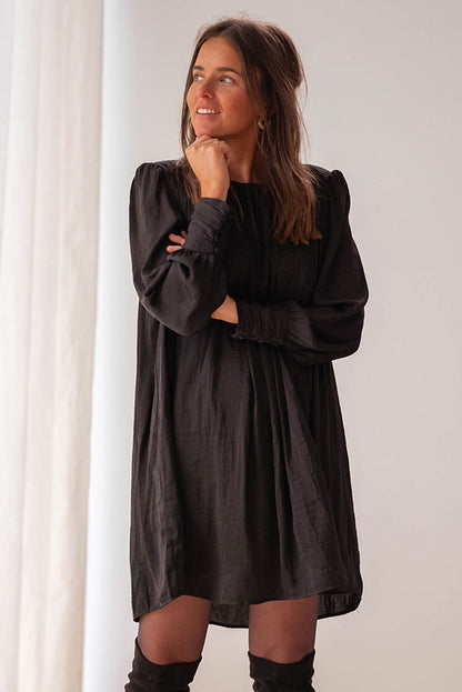 Black Solid Bishop Sleeve Pleated Mini Dress
