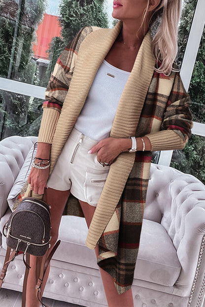 Brown Ribbed Splicing Plaid Open Front Cardigan