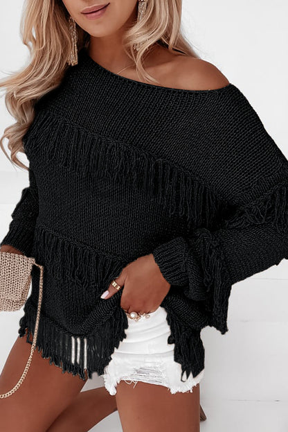Black Boho Tasseled Knitted Sweater