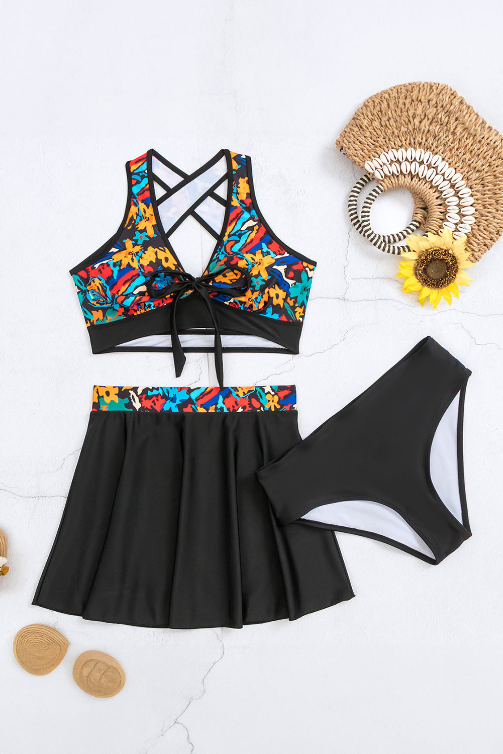Black 3pcs Printed Crossed Top and A-line Skirt Bikini Set