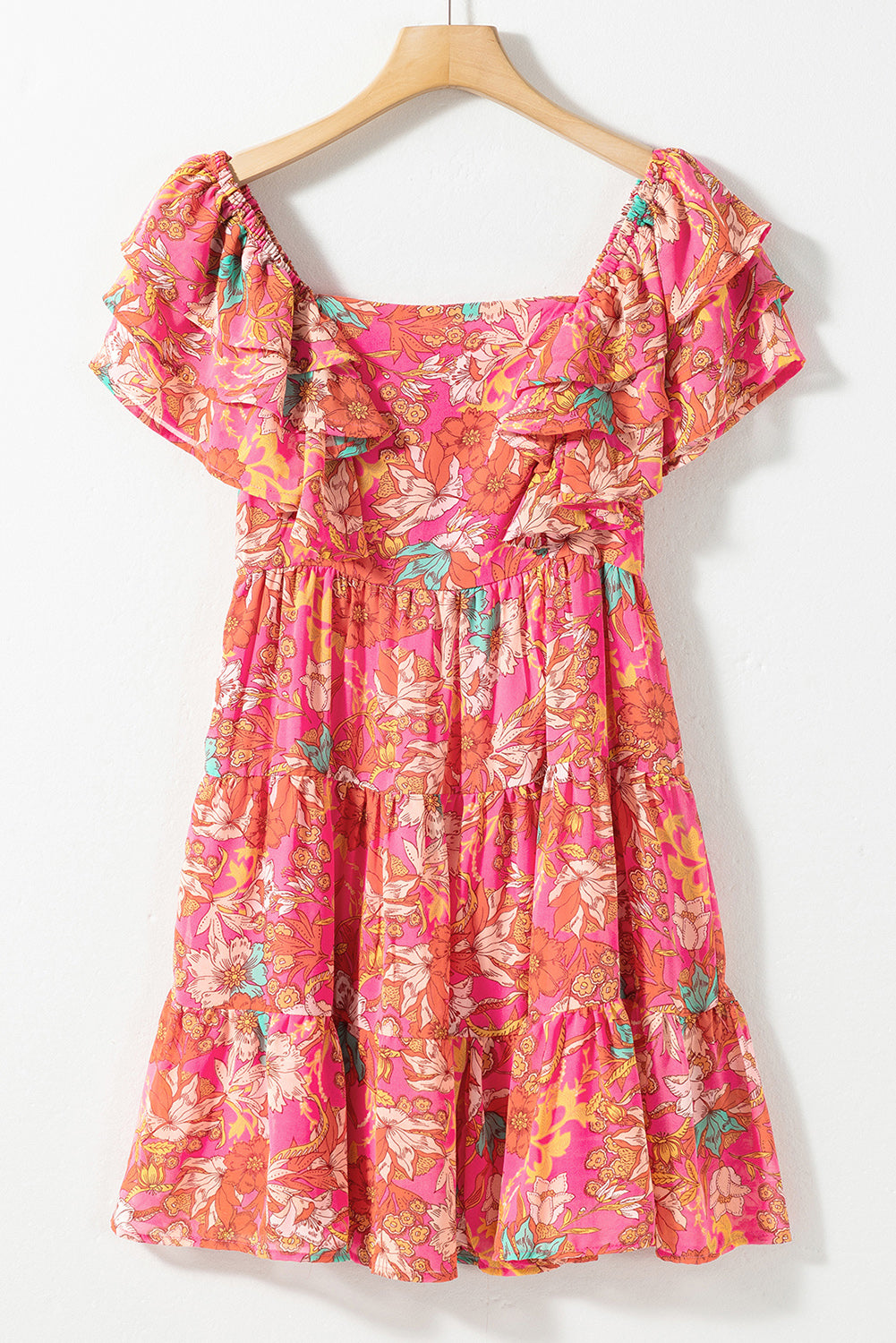 Pink Floral Square Neck Ruffle Sleeve Tiered Dress