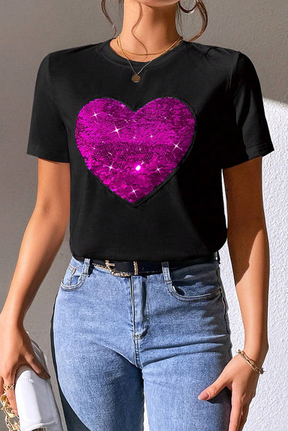 Black Valentine Two Tone Sequined Heart Shaped Graphic T Shirt