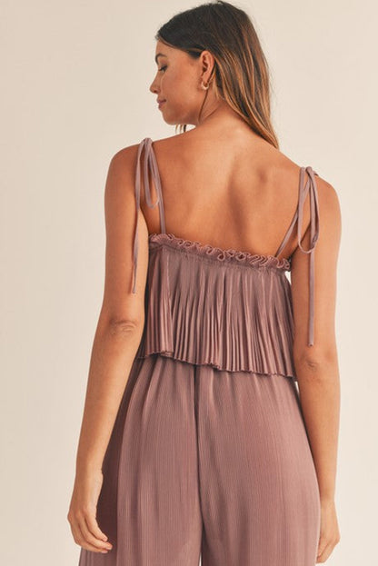 Rose Tan Solid Self Tied Straps Pleated Wide Leg Jumpsuit