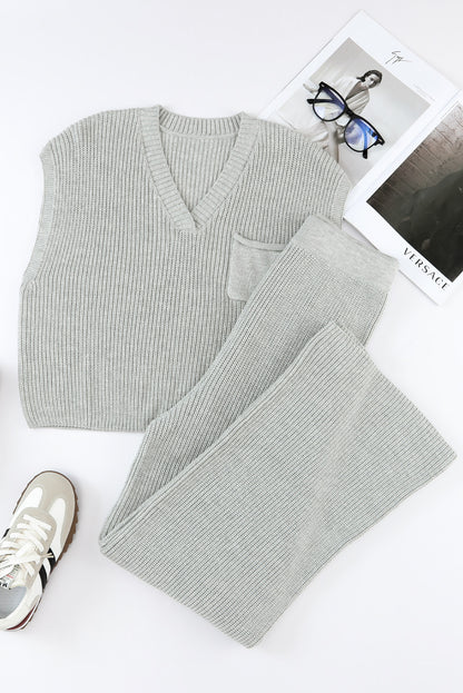 Sky Blue Knitted V Neck Sweater and Casual Pants Set