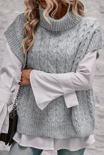Medium Grey Cable Knit Turtleneck Batwing Sleeve Sweater