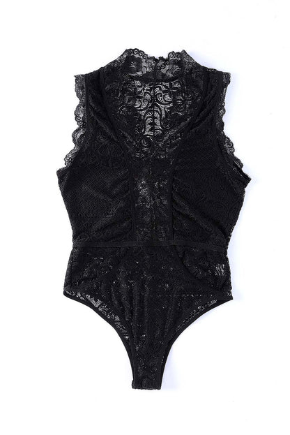 Black V Neck Hollow-out Lace Bodysuit