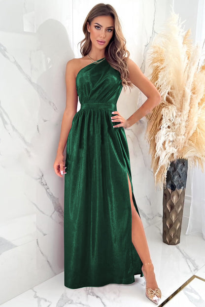 Green Shiny Velvet One Shoulder Long Split Dress