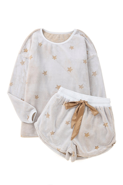 White Plush Star Pattern Long Sleeve Pullover and Shorts Lounge Set