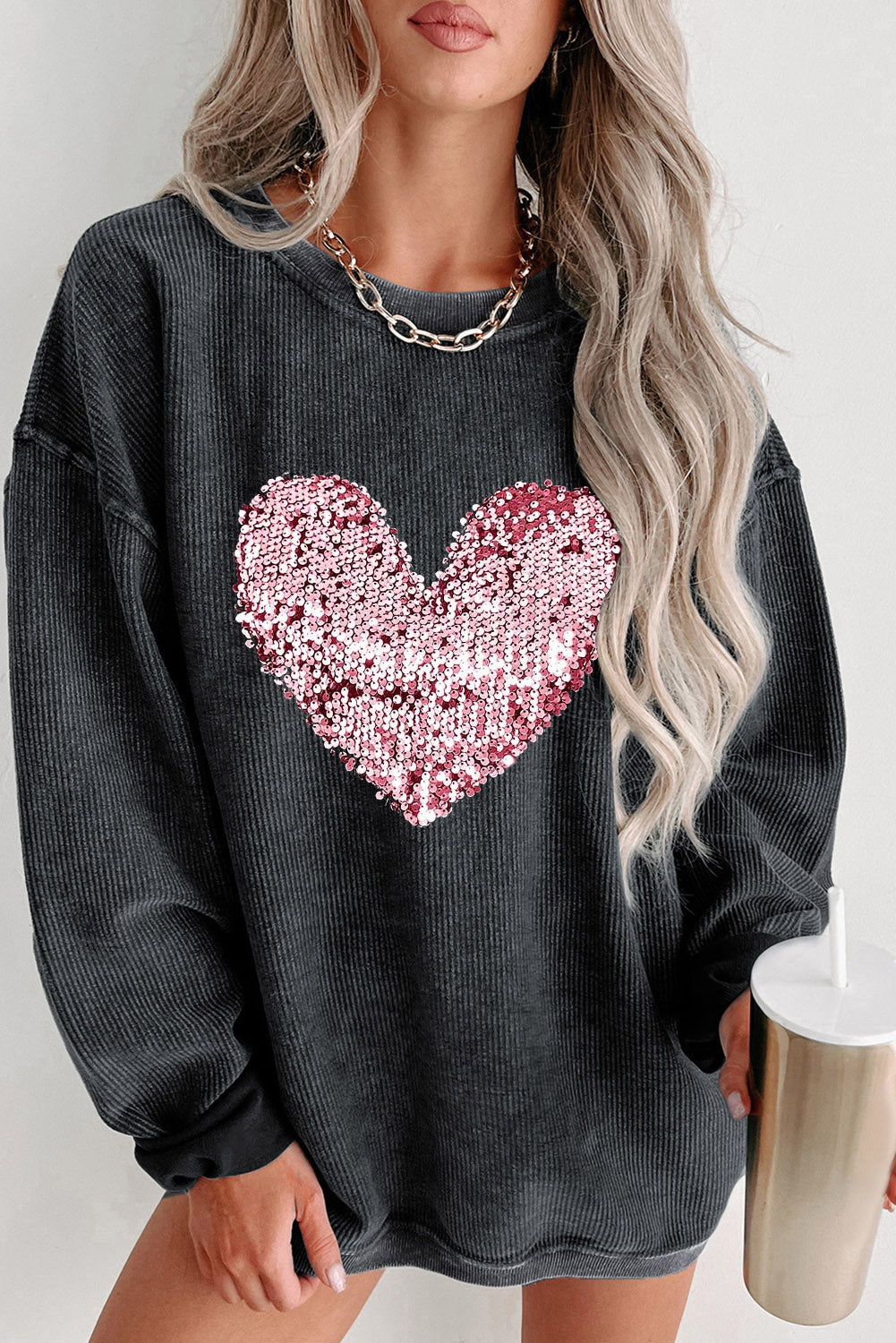 Black Sequin Heart Shaped Crewneck Corded Sweatshirt