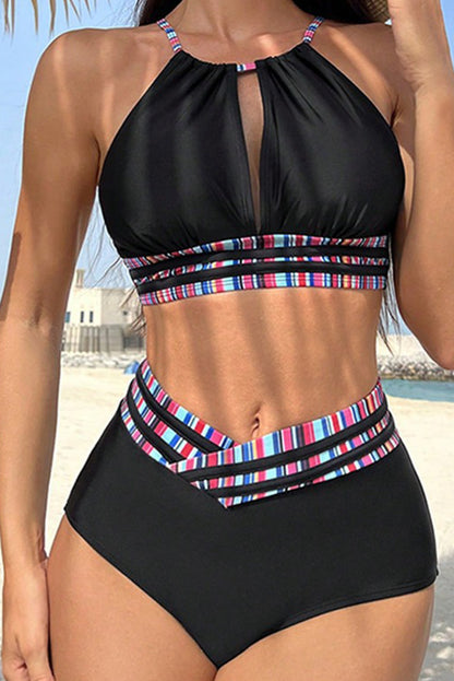 Black Printed Halter Cross Strap Open Back Bikini Set