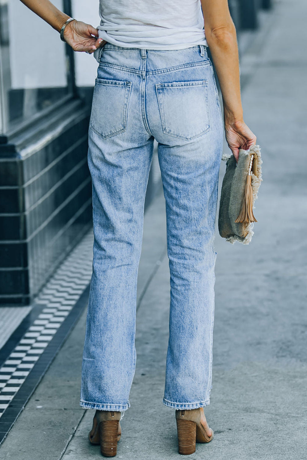 Side Splits Ripped Straight Leg High Waist Jeans