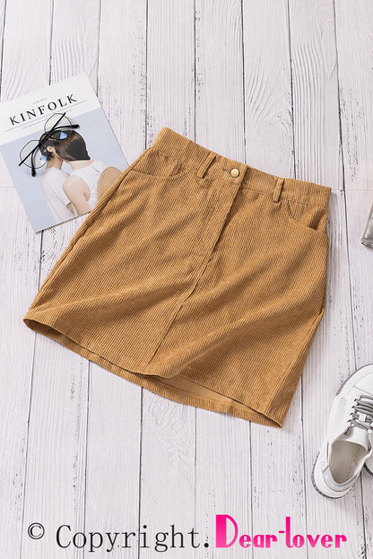 Khaki High Waist Corduroy Mini Skirt with Pockets