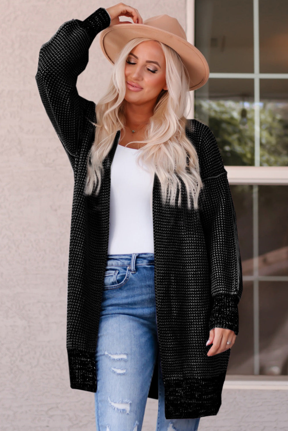 Black Plaid Knitted Long Open Front Cardigan