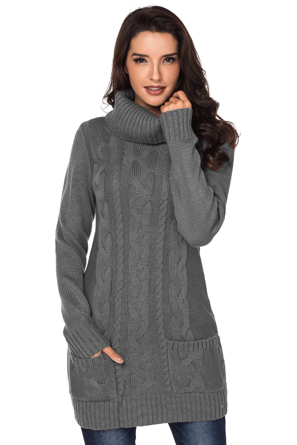 Colorblock Cowl Neck Cable Knit Sweater Dress