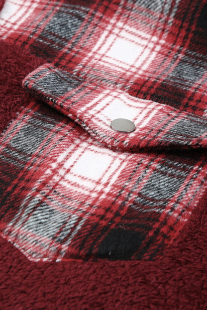 Plaid Patchwork Buttoned Pocket Sherpa Jacket