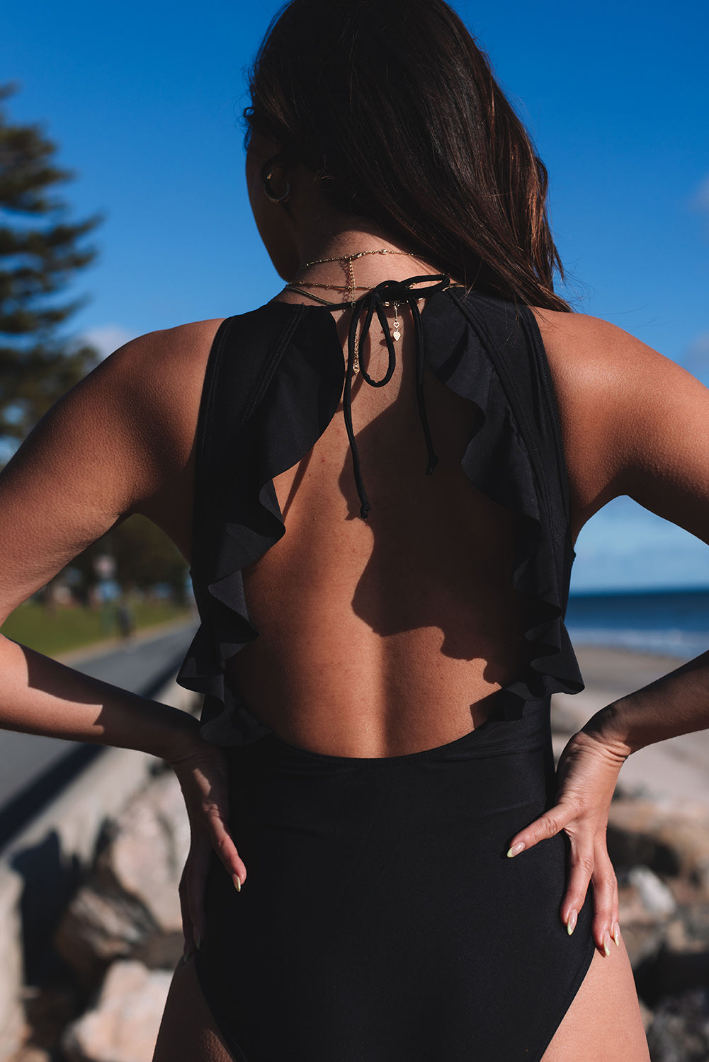 Lace-up Ruffled Open Back One-piece Swimwear
